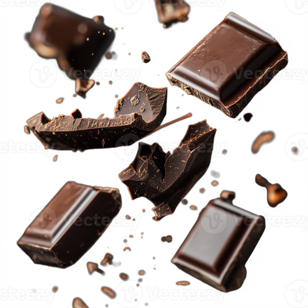 Assorted chocolate chunks flying apart in mid-air, isolated on a transparent background png
