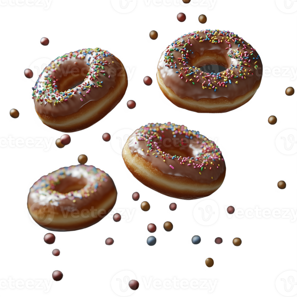 Assorted donuts with colorful sprinkles flying apart, isolated on a transparent background png