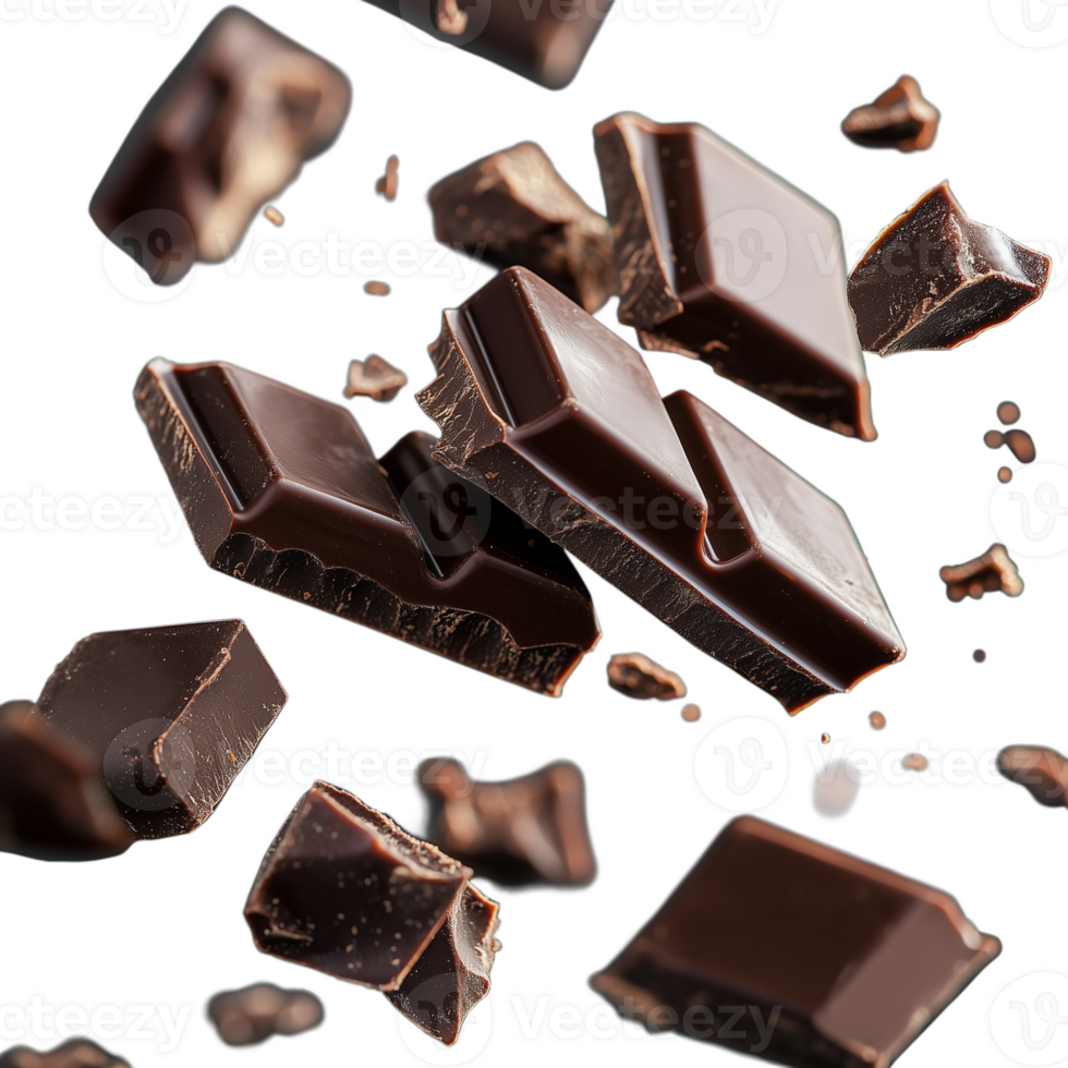 Dark chocolate pieces and chunks breaking apart, isolated on a transparent background png