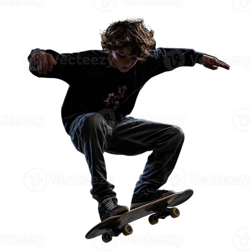 Dynamic silhouette of a young man performing an airborne skateboard trick on a transparent background png