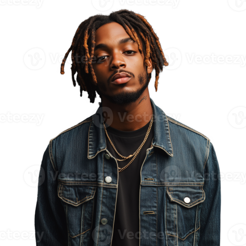 Young man with dreadlocks and a serious expression, wearing a denim jacket png