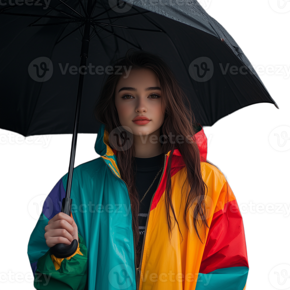 Young woman with colorful umbrella and vibrant raincoat standing in the rain, on a transparent background png