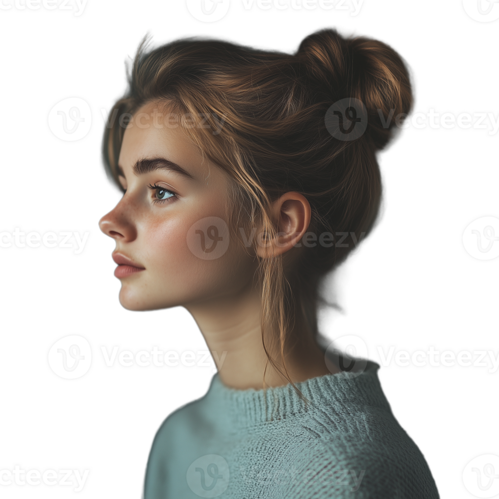 Side profile of a young woman with her hair in a bun and a gentle expression png
