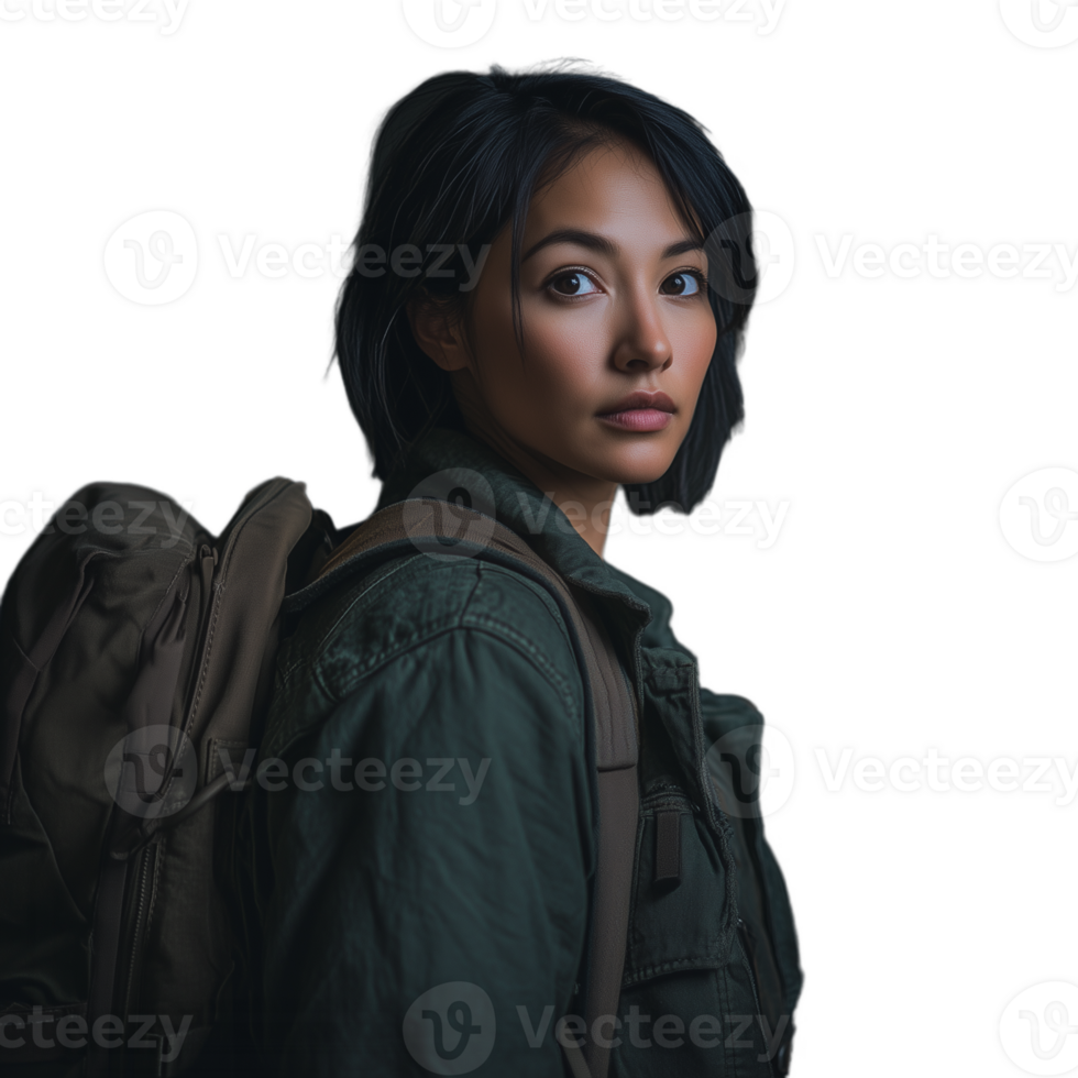 Profile of a young woman wearing a hooded jacket, looking confidently ahead png