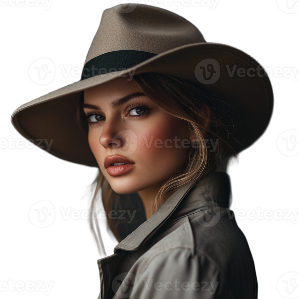 Close-up portrait of a young woman wearing a wide-brimmed hat with a thoughtful gaze png