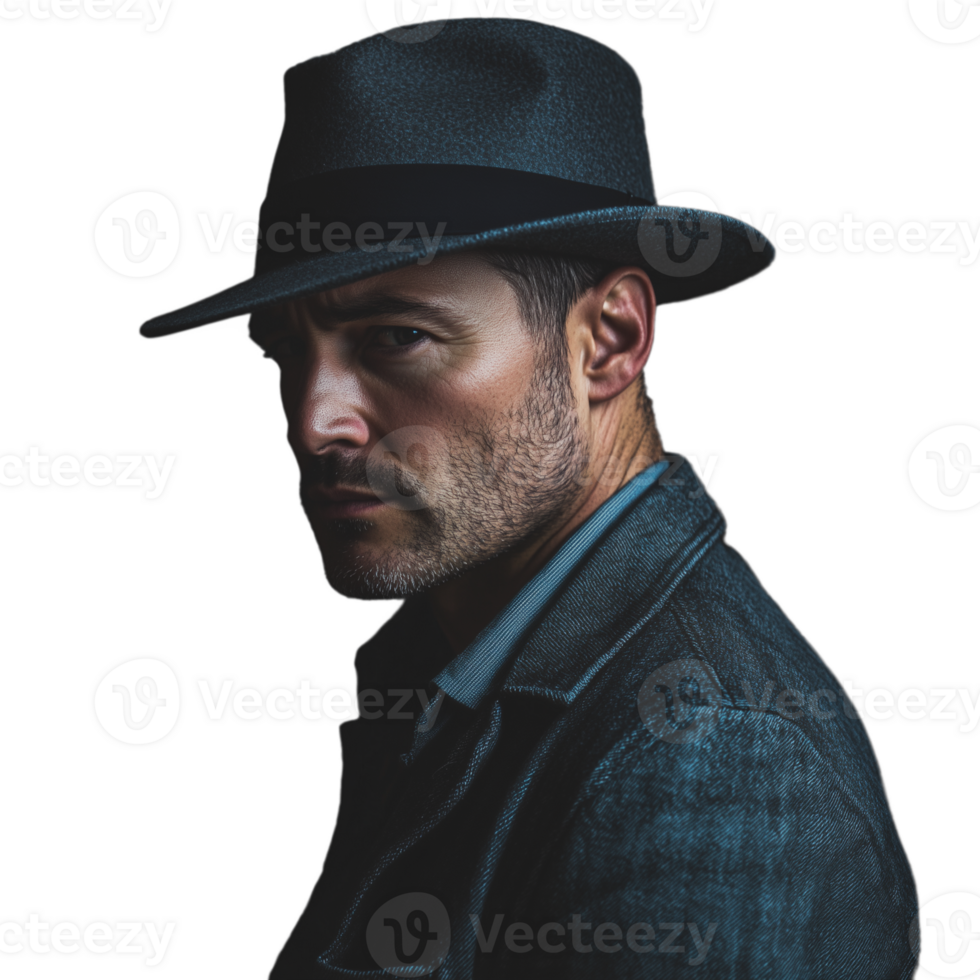 Close-up profile of a man in a fedora hat, with a serious expression png