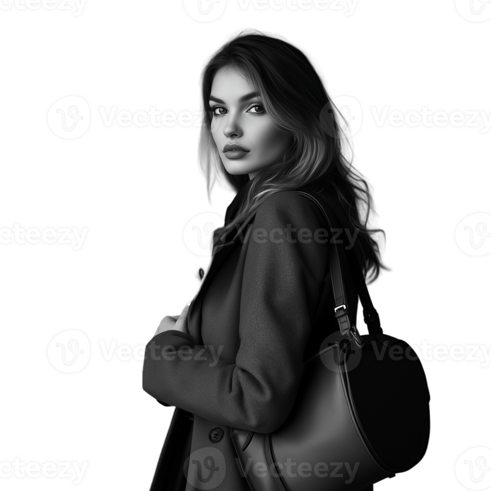 Young woman turning her head back, wearing a stylish jacket, with an expression of curiosity png