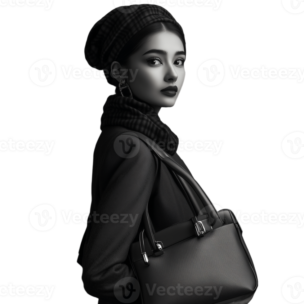 Side profile of a young woman in a stylish winter coat and scarf, looking away thoughtfully png