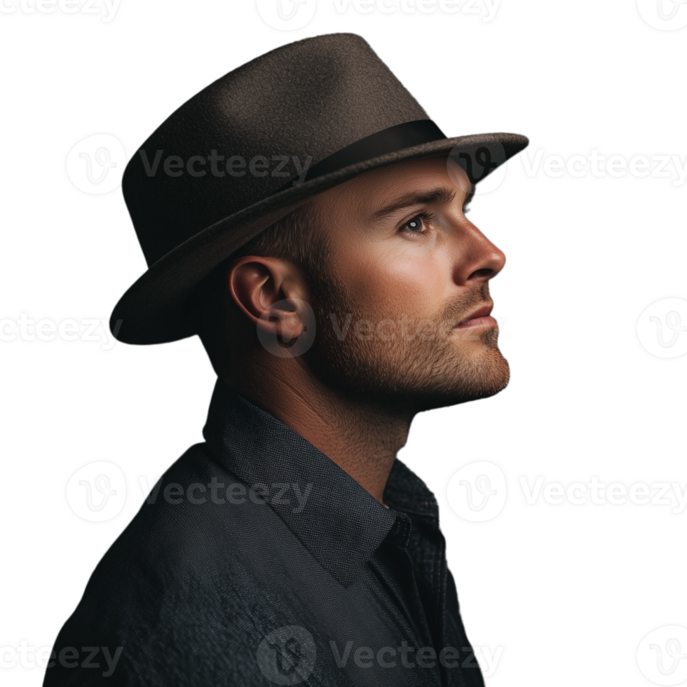 Profile portrait of a man in a fedora hat with a contemplative expression, looking up png