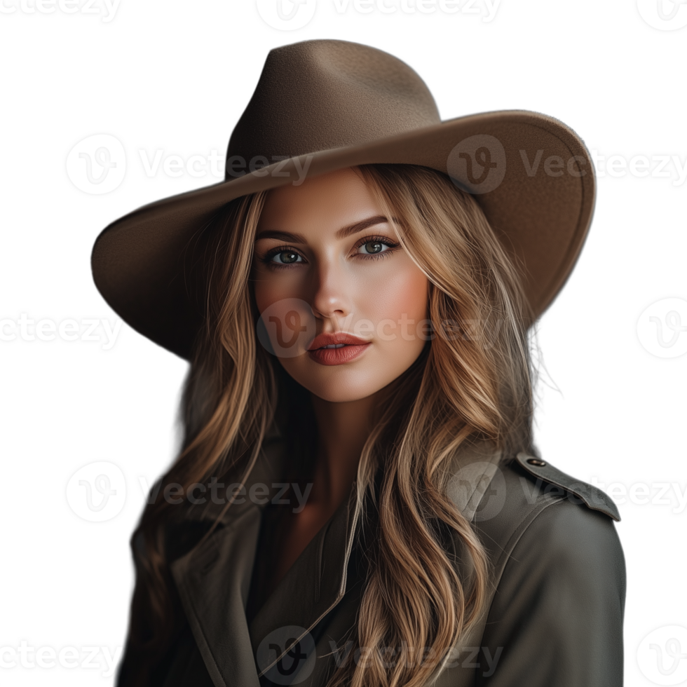 Portrait of a young woman wearing a wide-brimmed hat and looking confidently into the camera png