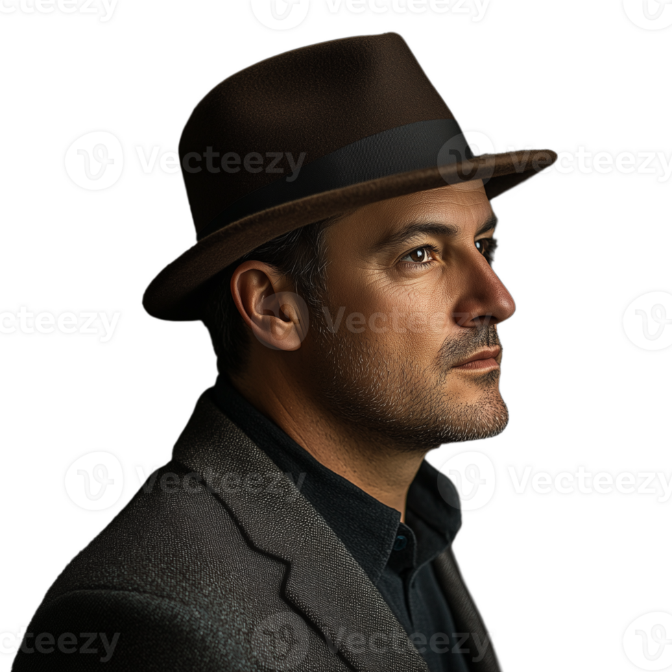 Close-up portrait of a man in a brown hat and jacket, looking serious png