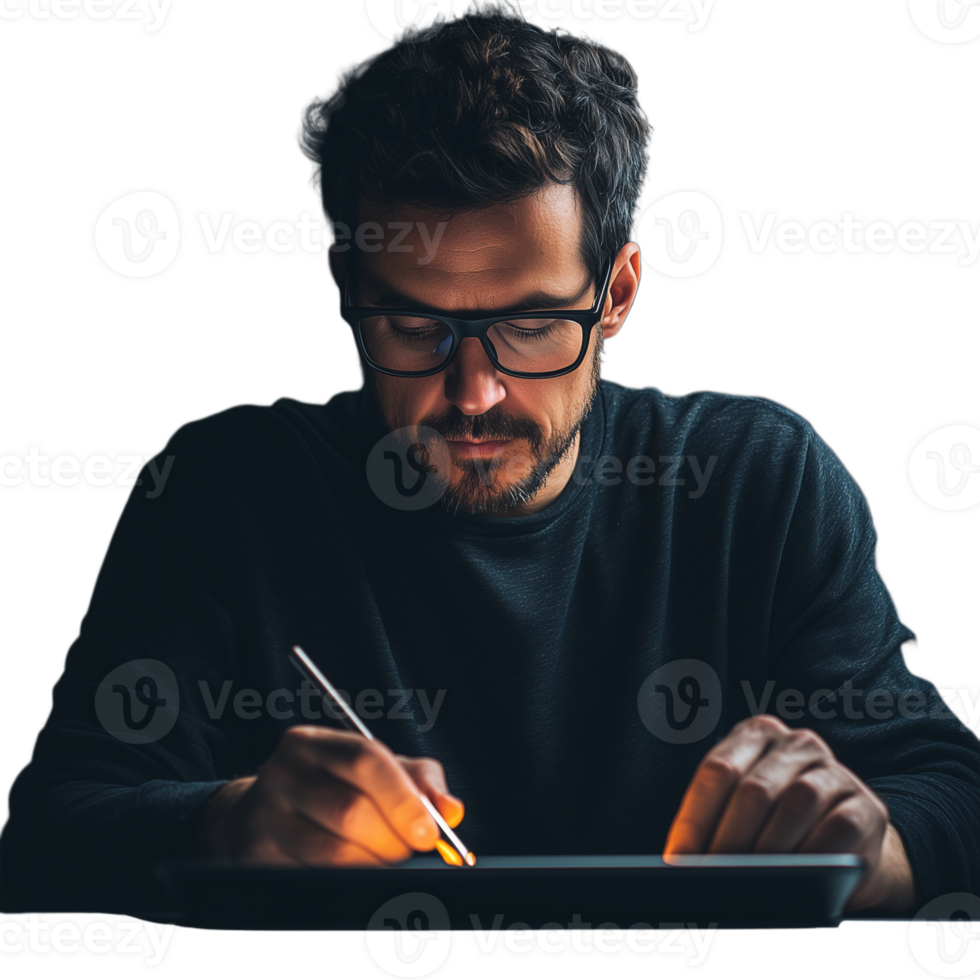 Man concentrating while writing notes with a pencil on a transparent background png
