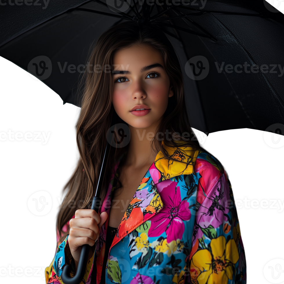 Young woman holding a black umbrella, dressed in a colorful floral raincoat on a transparent background png