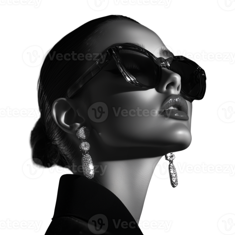 Black and white close-up of a woman in oversized sunglasses and statement earrings png