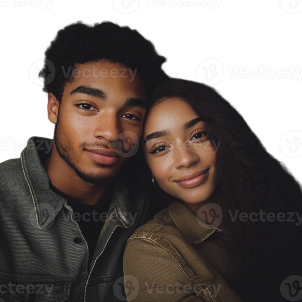 Smiling interracial couple with their heads close together, expressing love and happiness png