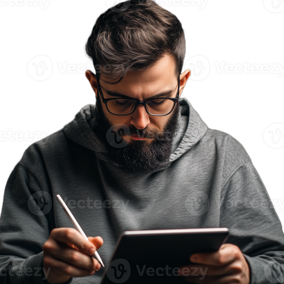 Bearded man using a tablet device while writing, with a focused expression png