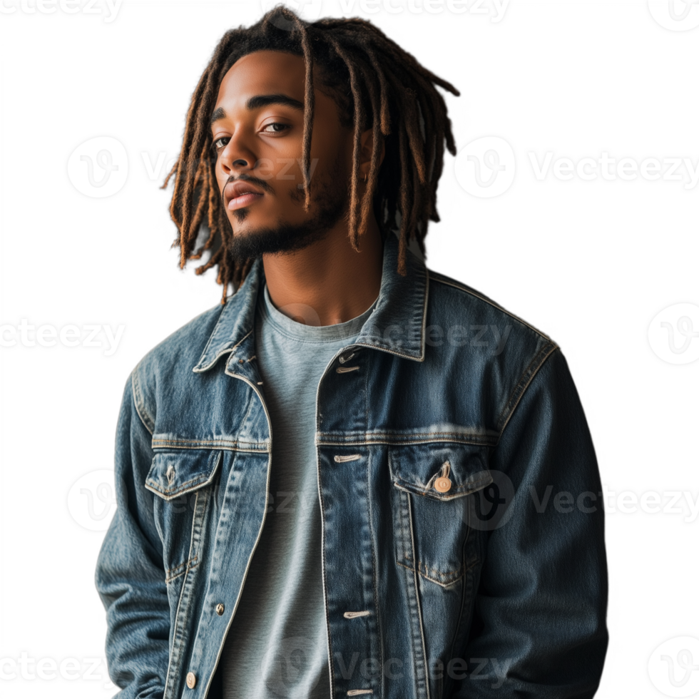 Young man with dreadlocks wearing a denim jacket, looking confidently ahead png