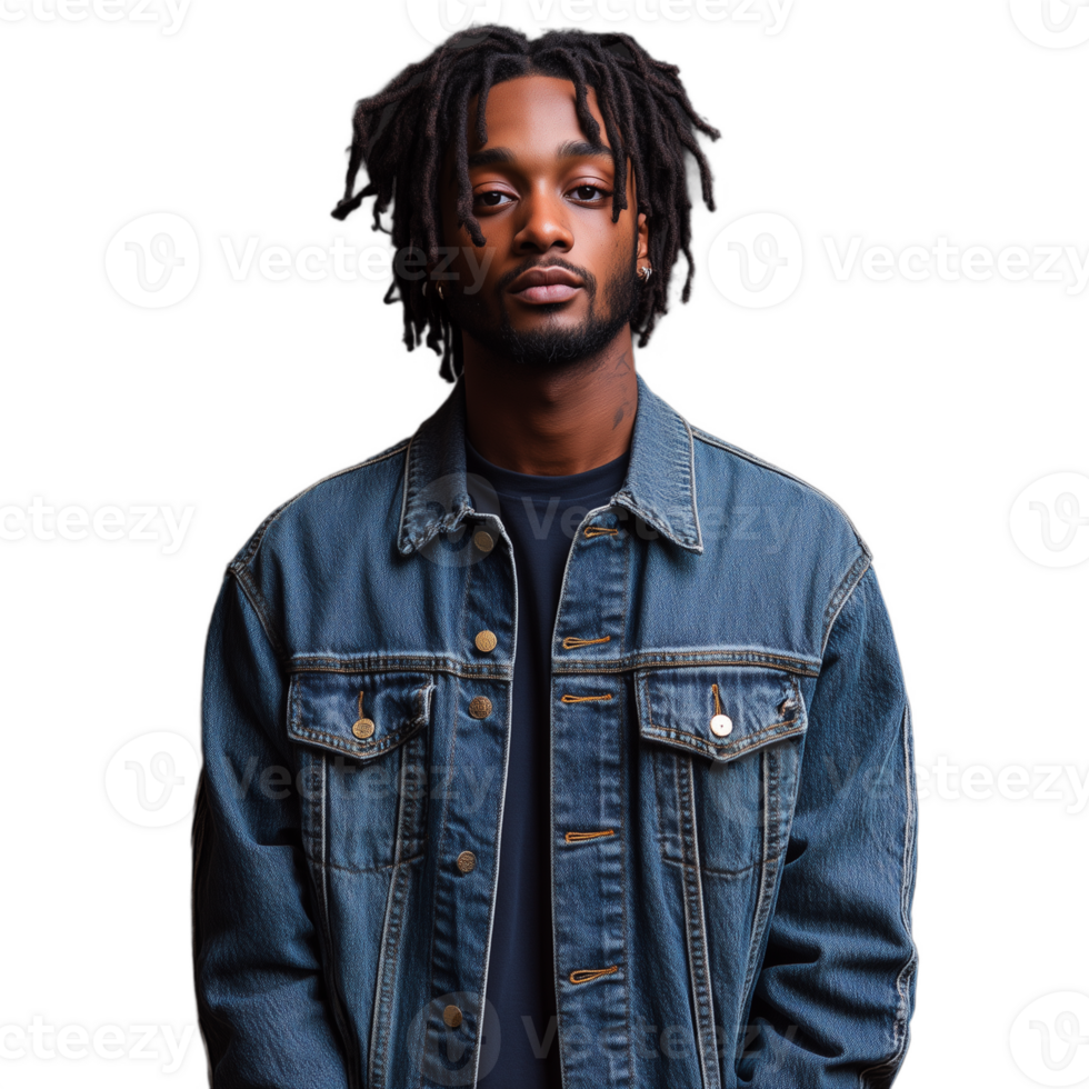 Young man with dreadlocks in a denim jacket, expressing a calm demeanor png