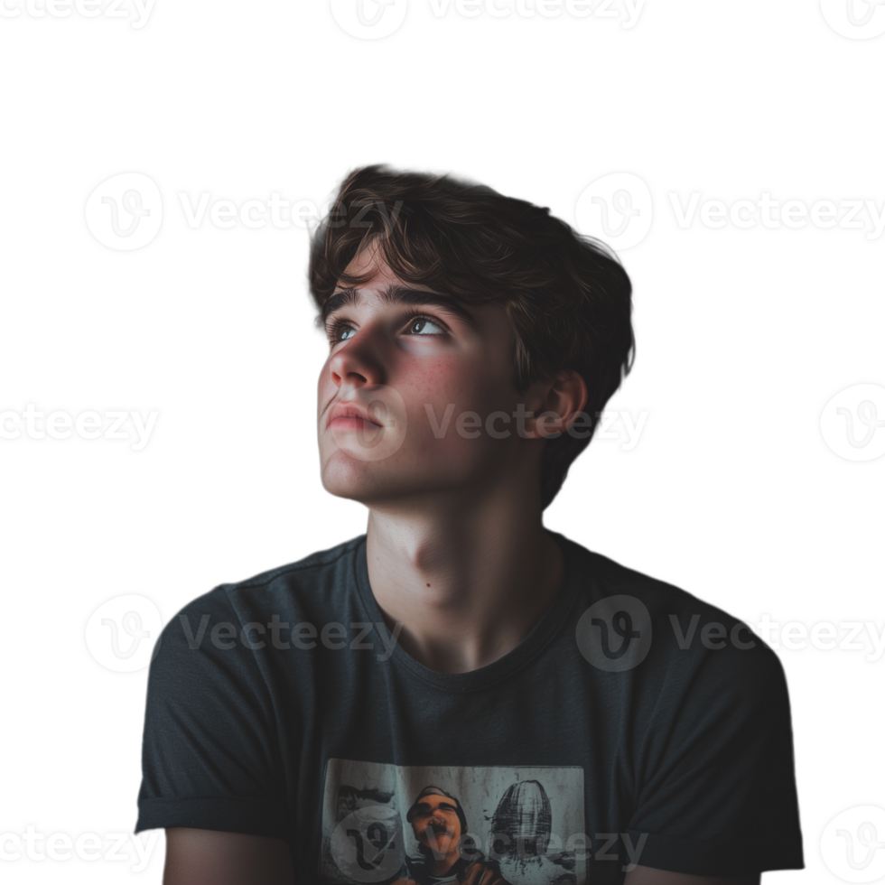 Young man looking thoughtfully upwards, with an expression of contemplation and curiosity png