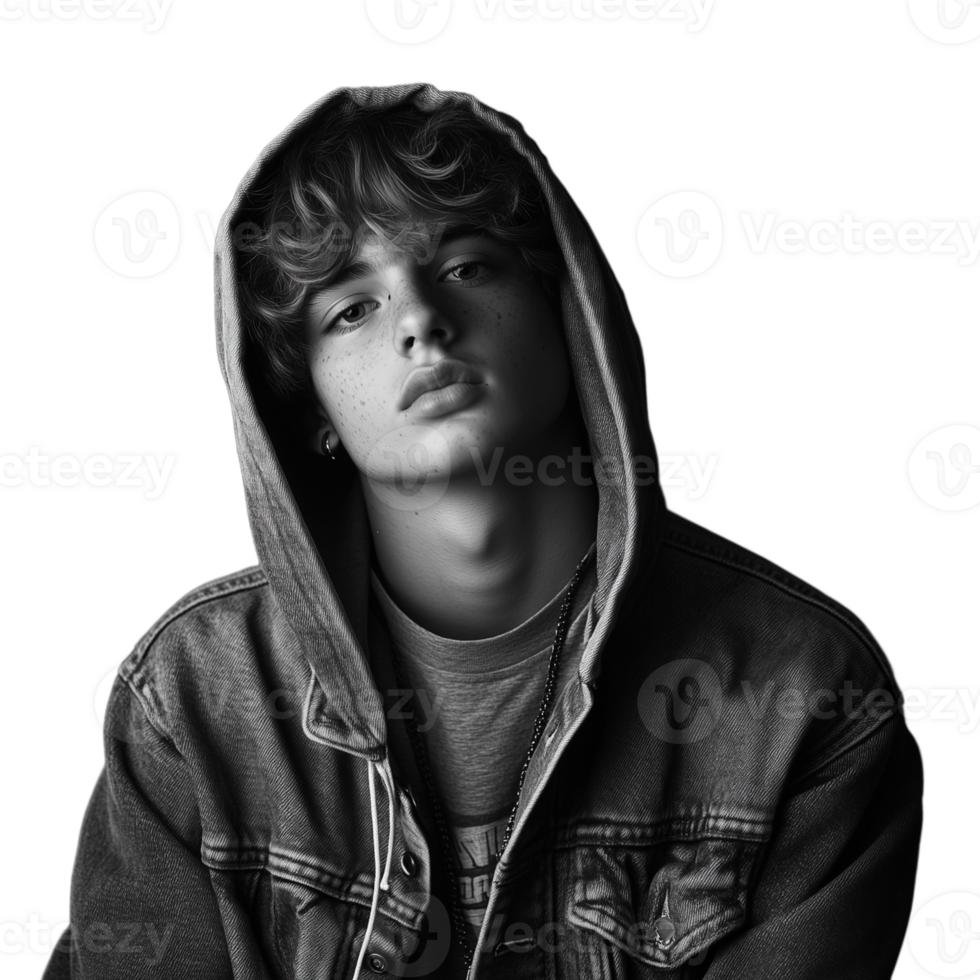 Black and white portrait of a young man in a hoodie, looking contemplatively downwards png