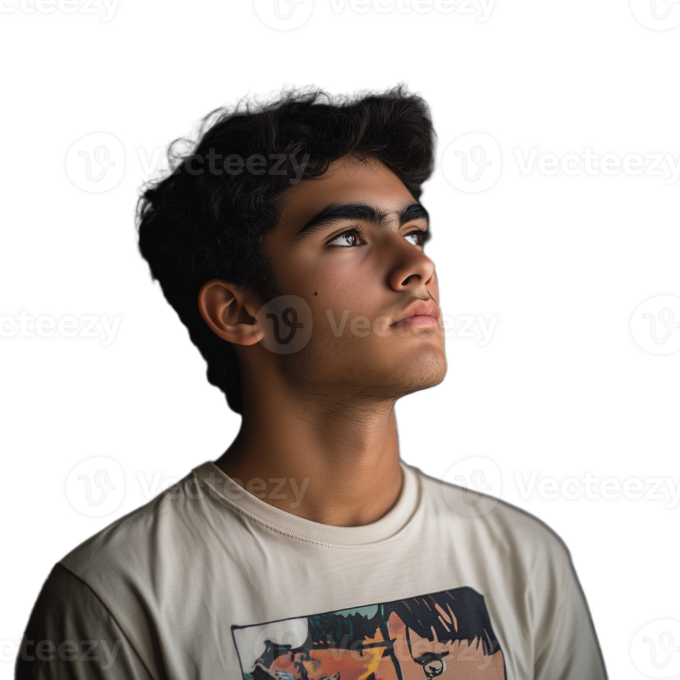 Young man in a t-shirt looking upward with an inquisitive expression png
