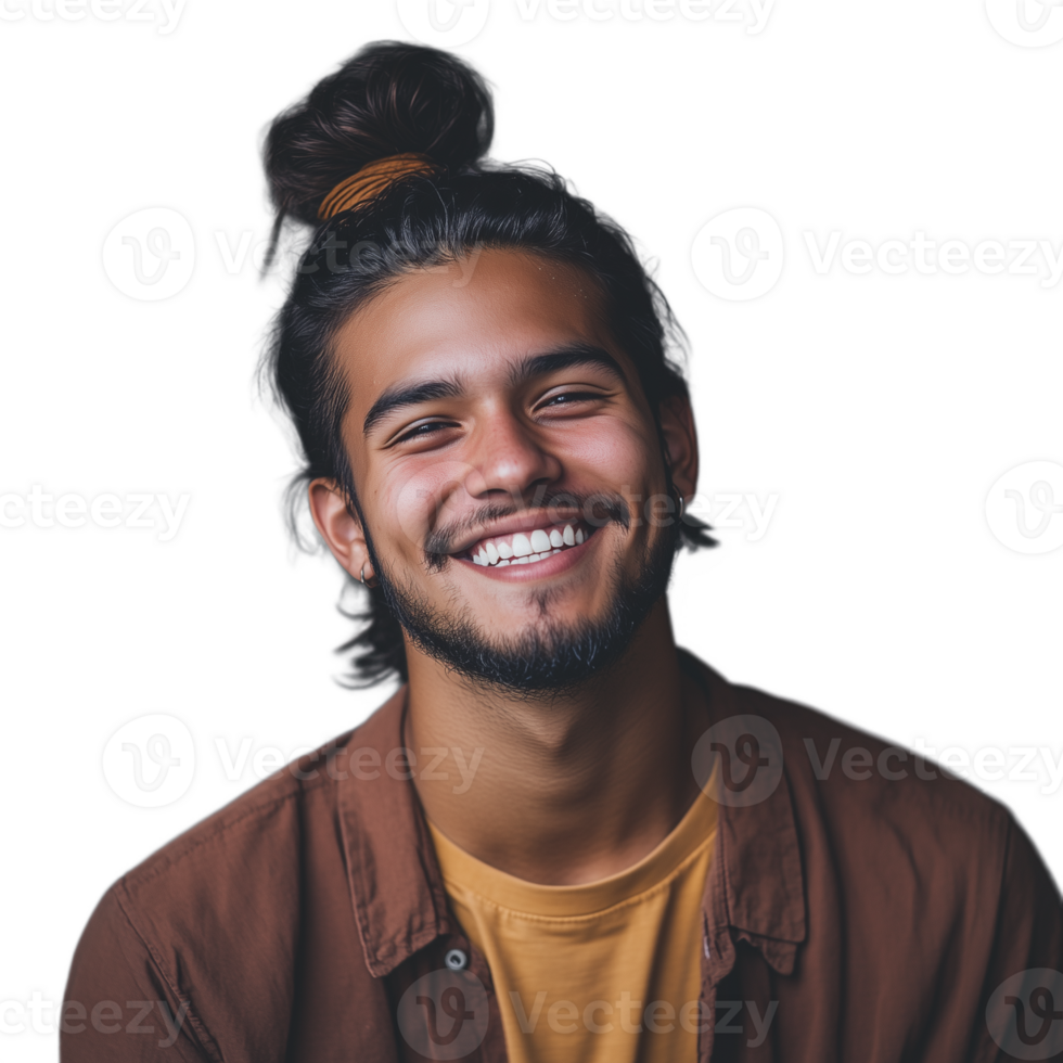 Young man with a top knot hairstyle, smiling broadly and looking confident png