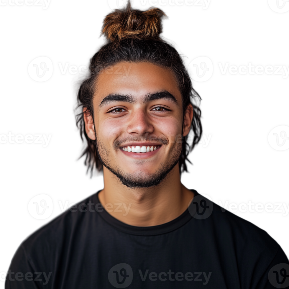 Young man with a top knot hairstyle smiling brightly and confidently at the camera png