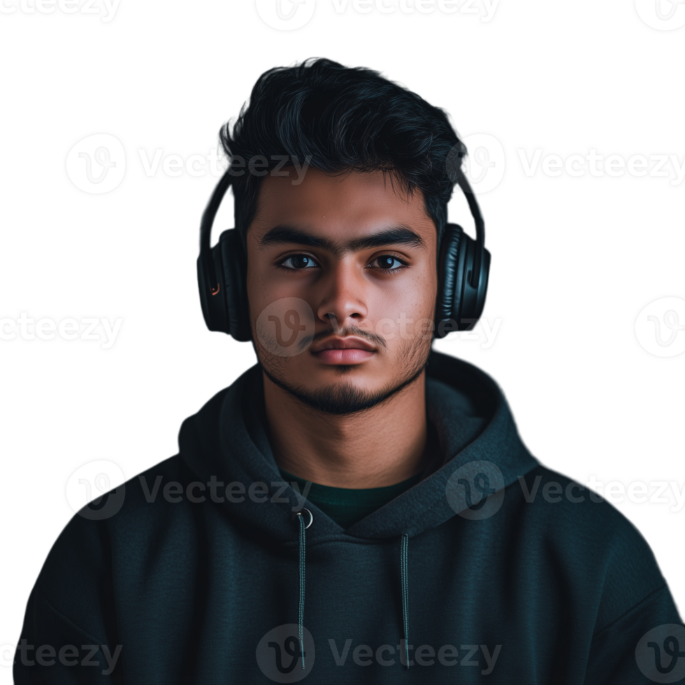 Young man with headphones looking straight ahead with a serious expression png