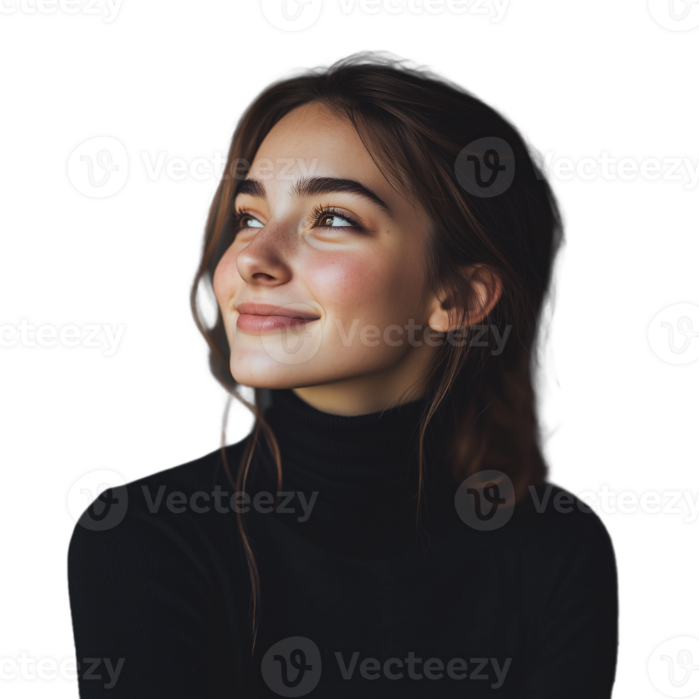 Smiling young woman in a black turtleneck looking off to the side with a joyful expression png