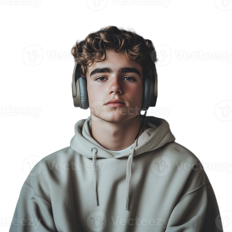 Young man with headphones looking curiously at the camera in a casual hoodie png