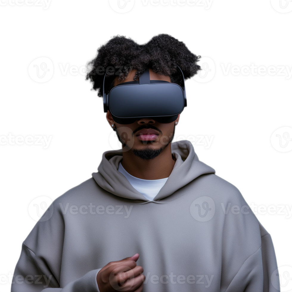 Young man wearing virtual reality headset, experiencing immersive technology png