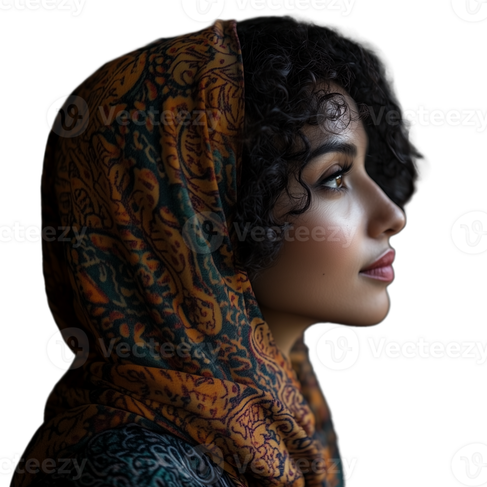 Profile portrait of a young woman with curly hair in a patterned scarf, looking thoughtfully ahead png