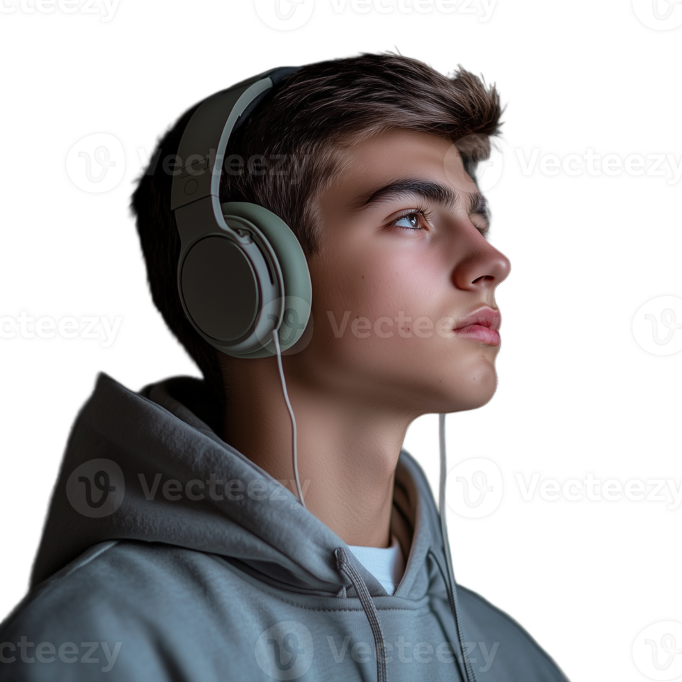 Young man wearing headphones, looking upward with an attentive expression png