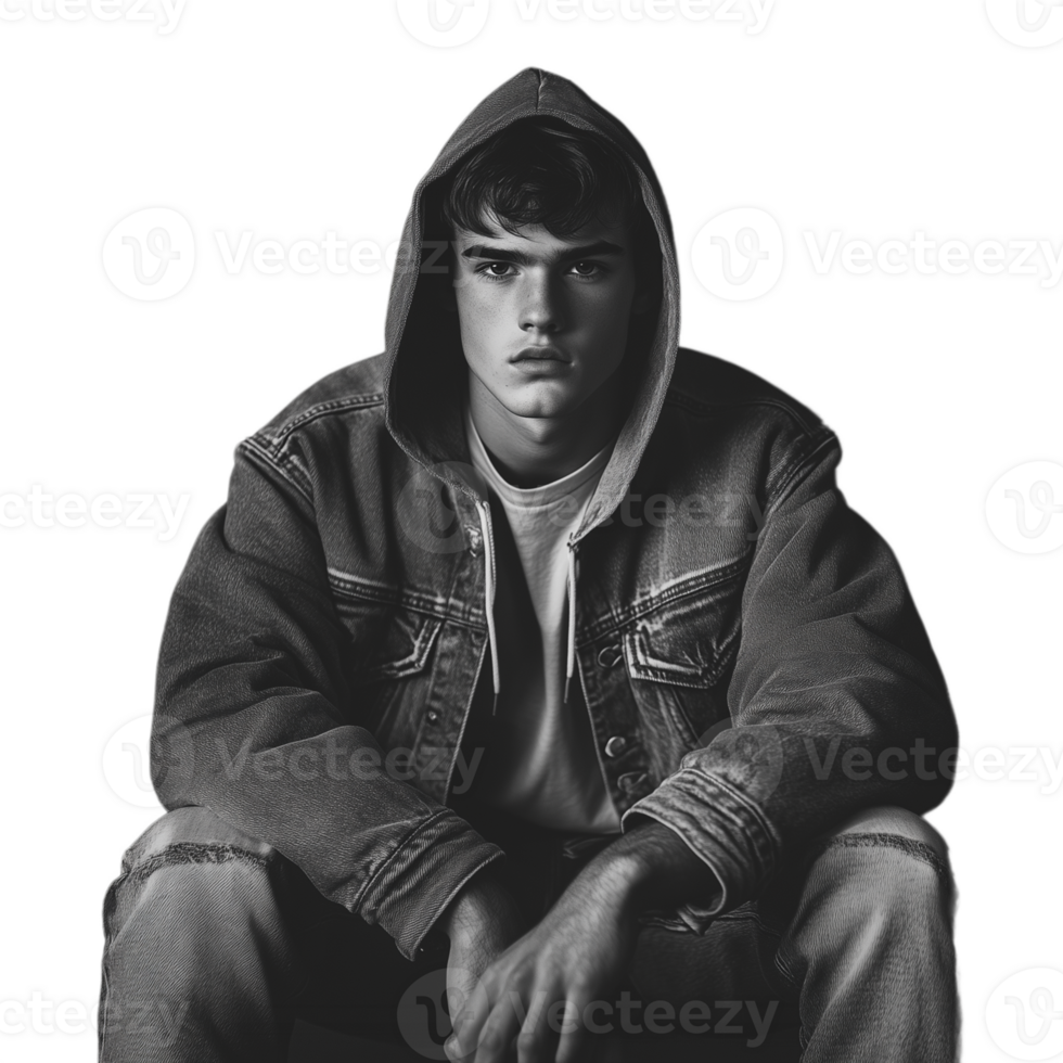 Black and white portrait of a young man in a hoodie, sitting with a reflective expression png