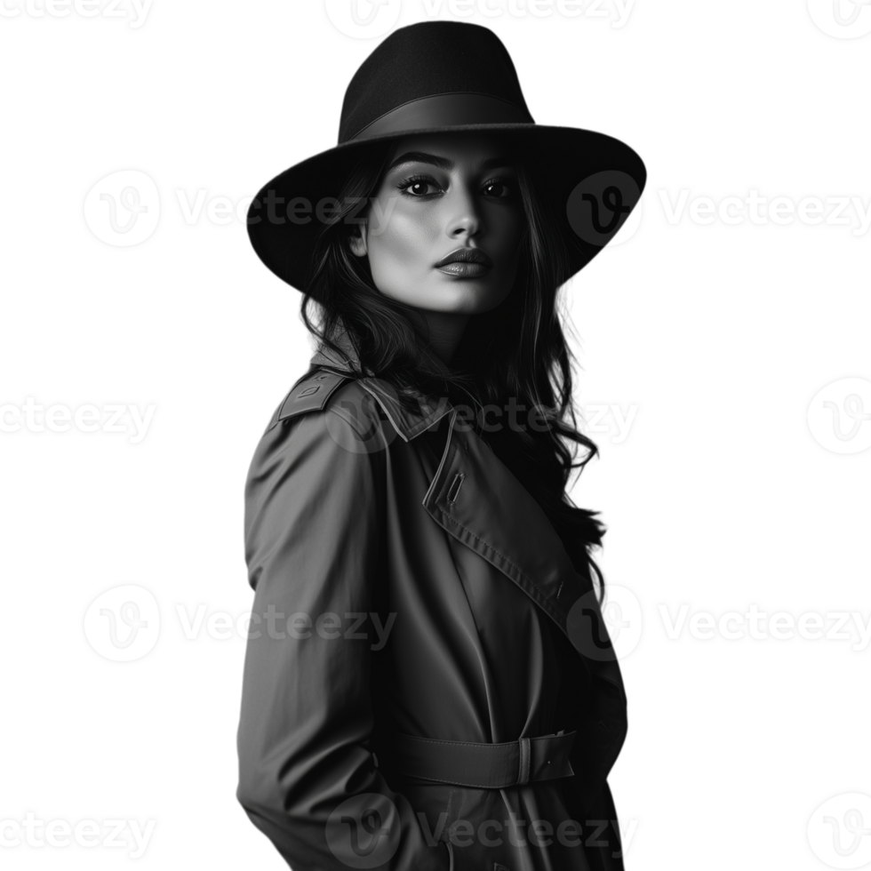 Black and white portrait of a young woman in a wide-brimmed hat, gazing thoughtfully to the side png