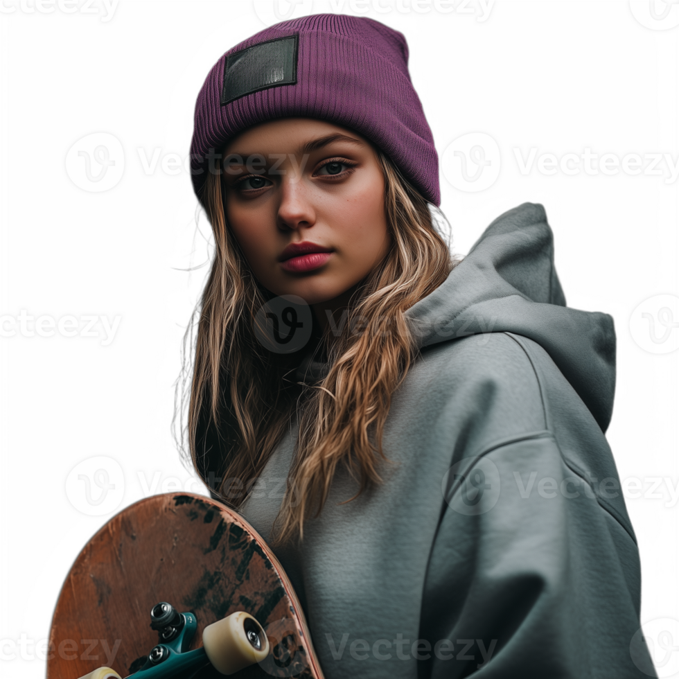 Portrait of a young woman in a hoodie and beanie, holding a skateboard with a thoughtful expression png