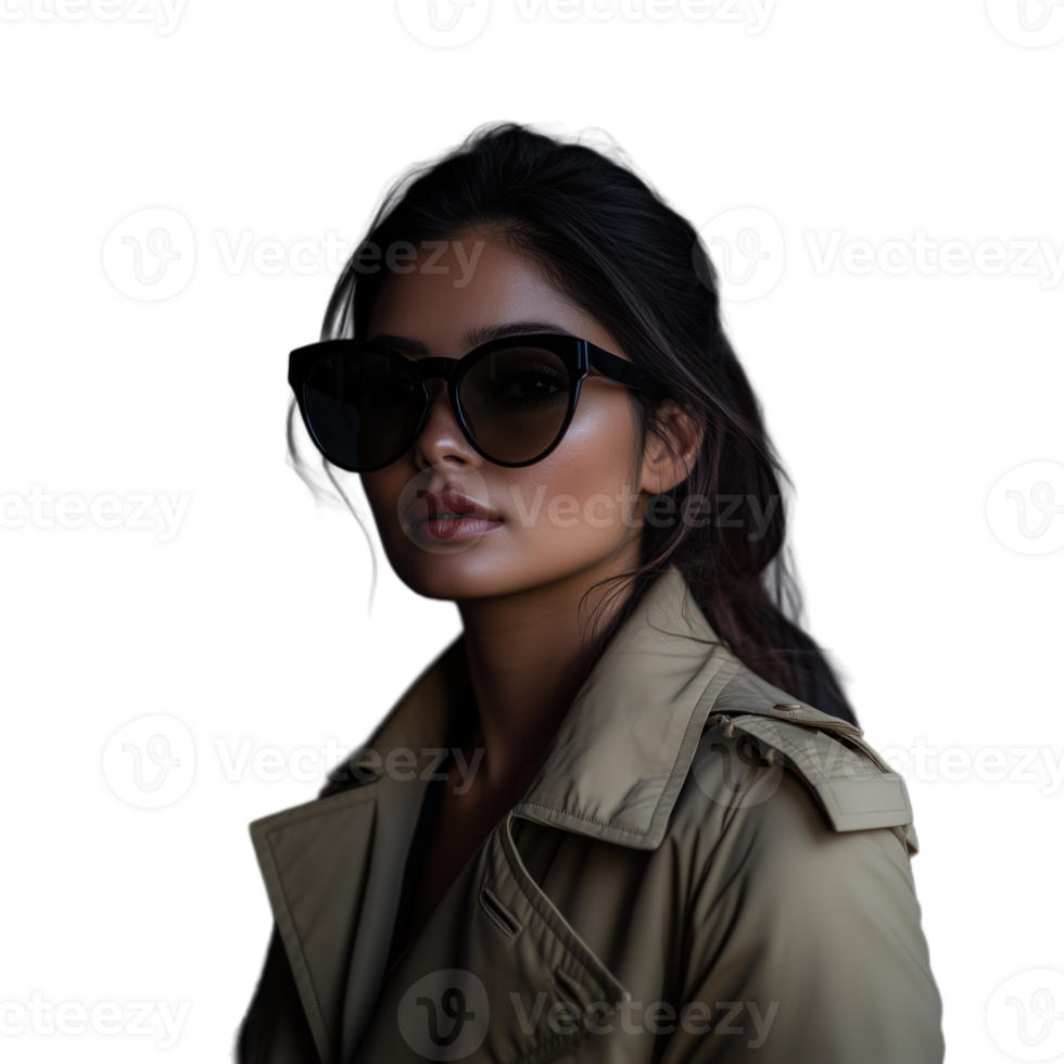 Young woman wearing dark sunglasses and a trench coat, looking with determination png
