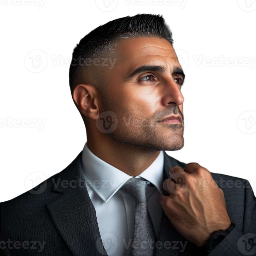 Man in a suit adjusting his tie, looking confidently into the distance png