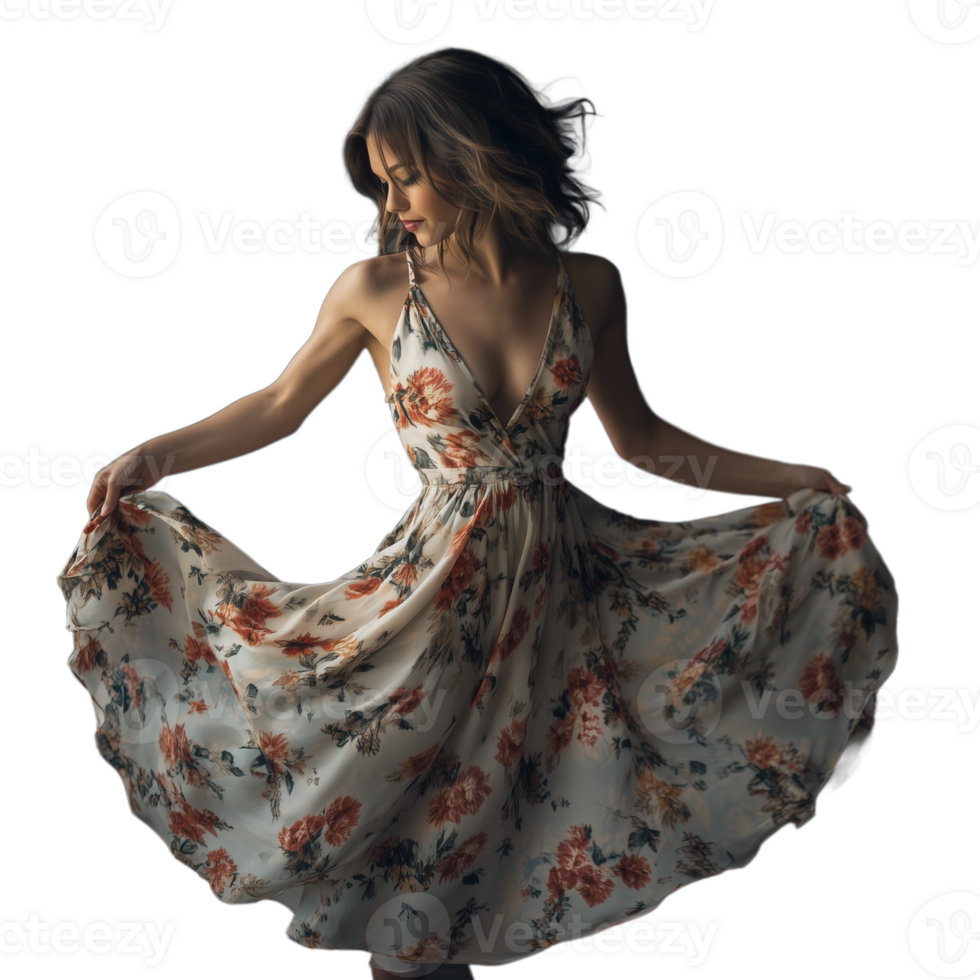 Young woman twirling in a floral dress, creating movement and flow png