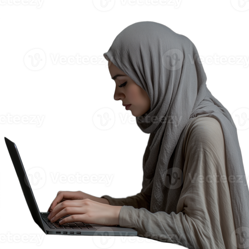 Young woman in a hijab typing on a laptop, focused and engaged png
