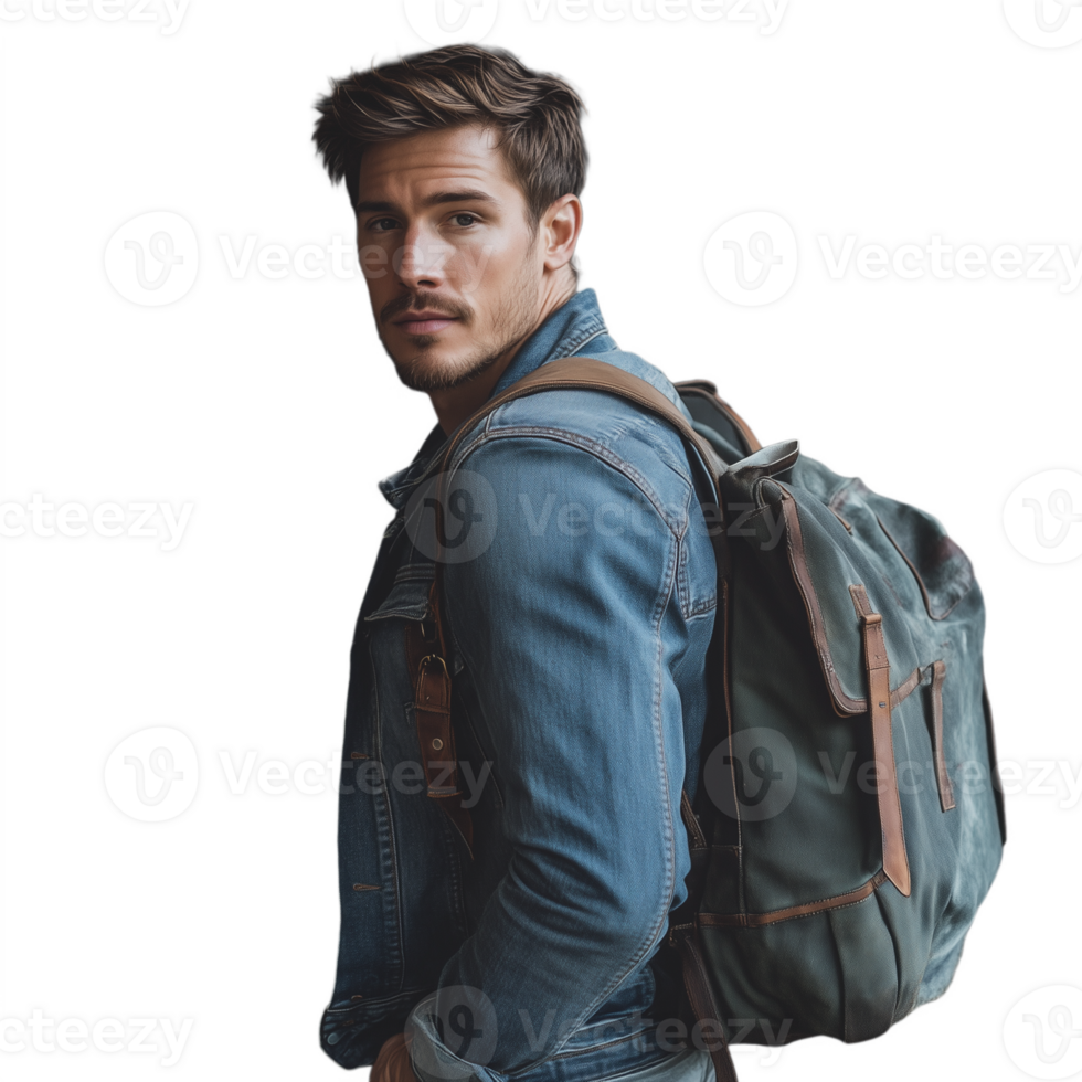 Young man with a backpack, looking confidently back over his shoulder png