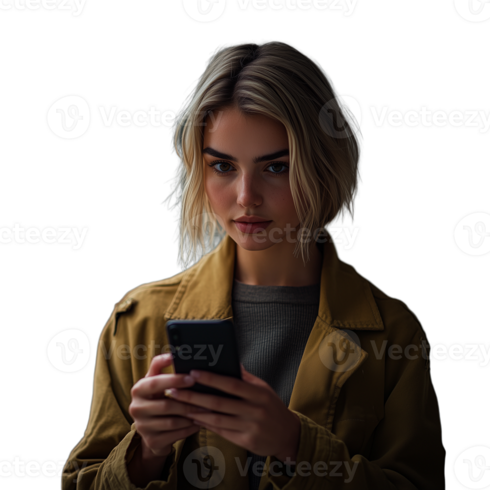Young woman with short blonde hair using a smartphone, looking down with a serious expression png