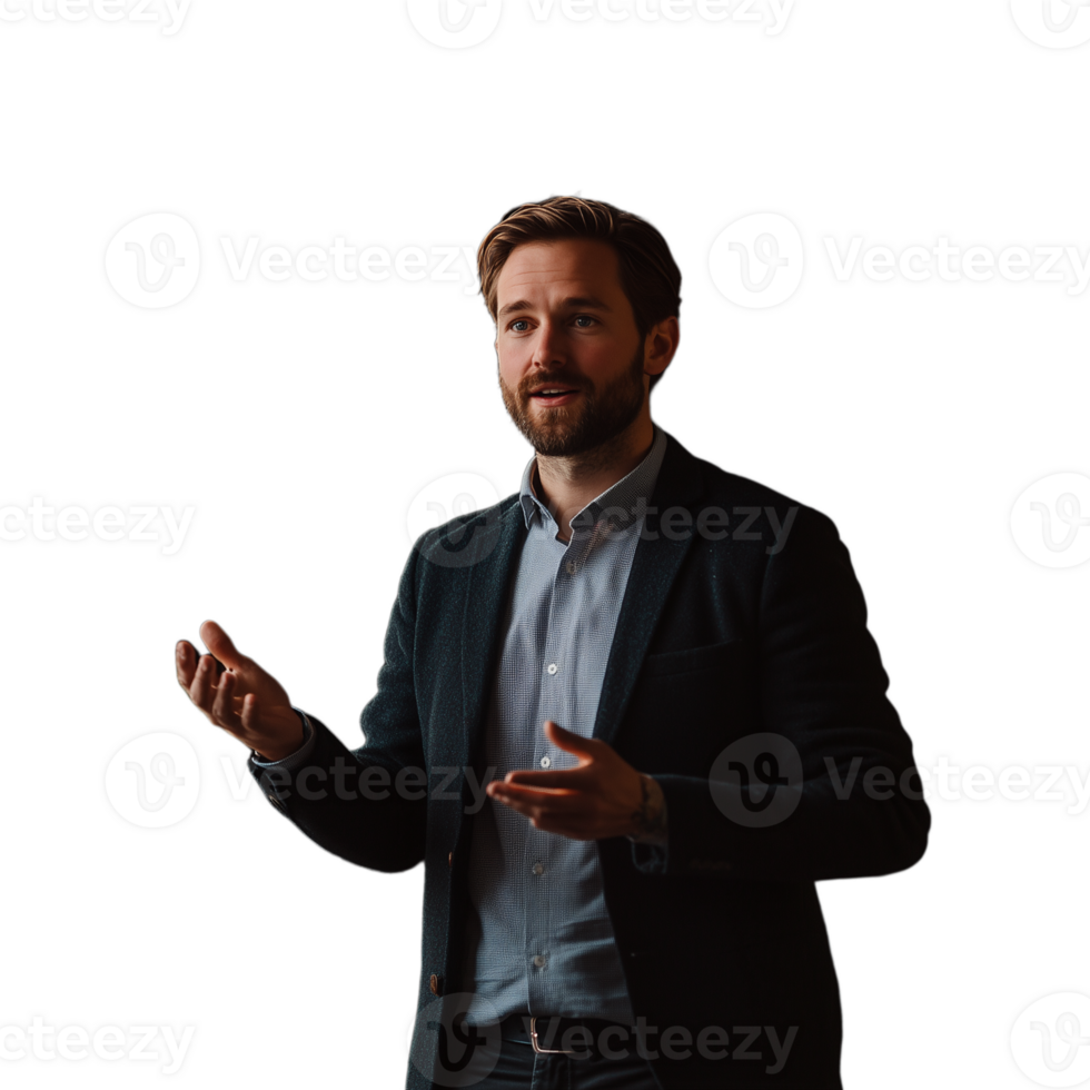 Man in a suit gesturing with hands, expressing himself while speaking png