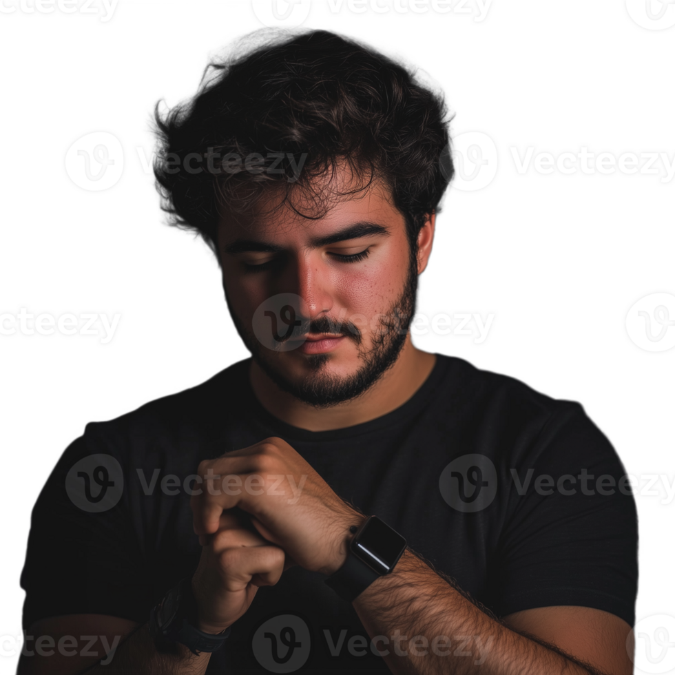Young man in a t-shirt with a serious expression, adjusting his wristwatch png