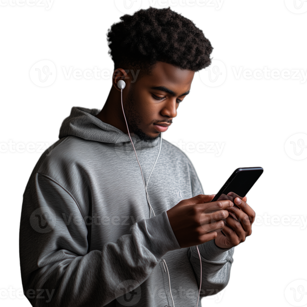 Young man with short hair wearing a hoodie, focused on his smartphone png
