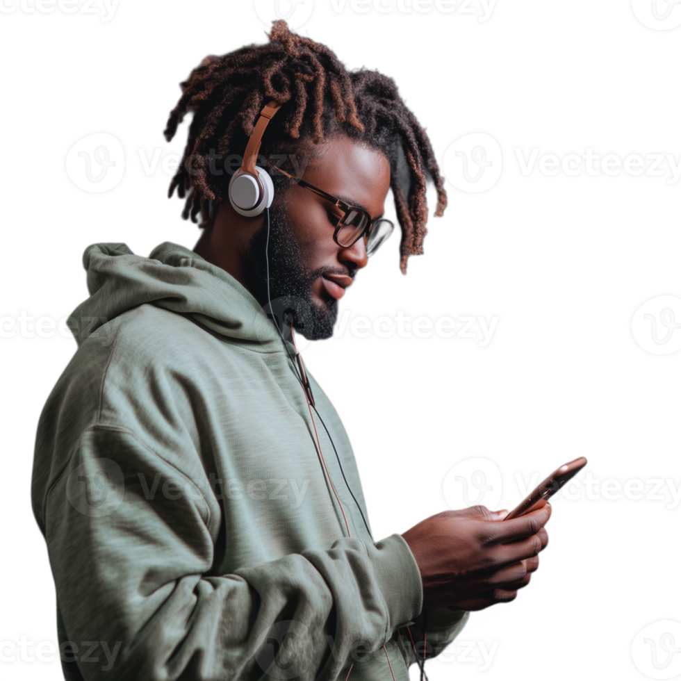 Young man with dreadlocks wearing a hoodie and looking at his smartphone png