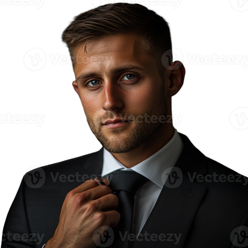 Man in a suit with a serious expression, adjusting his tie png