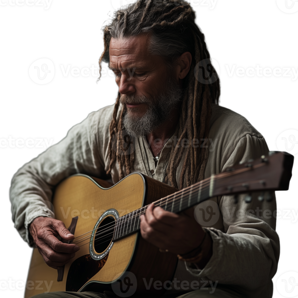 Man with dreadlocks playing an acoustic guitar, focused on the music png