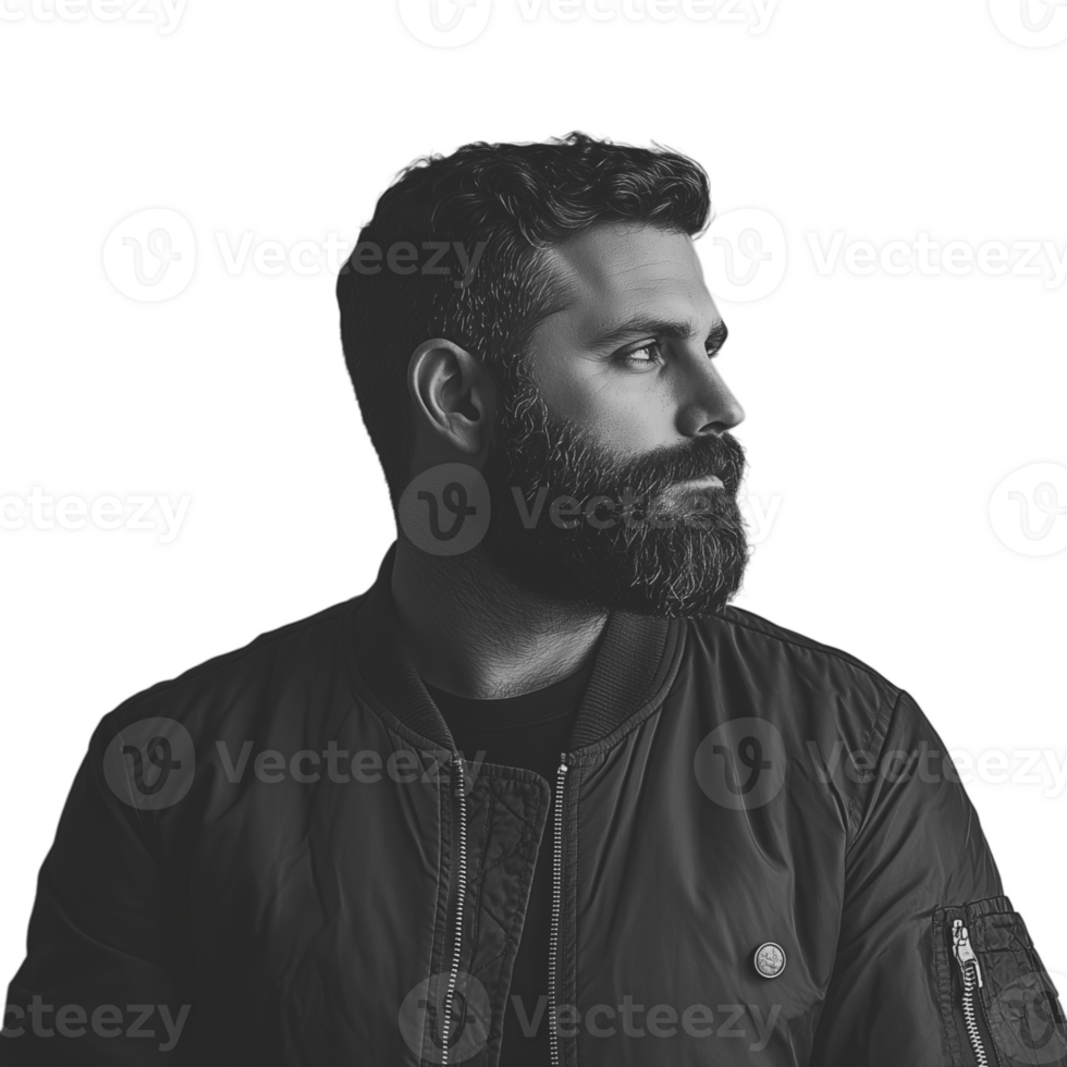 Black and white portrait of a bearded man looking thoughtfully to the side png