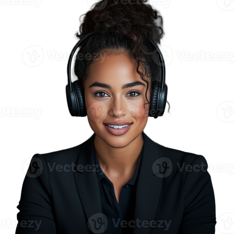 Smiling woman with curly hair wearing a headset, dressed professionally png